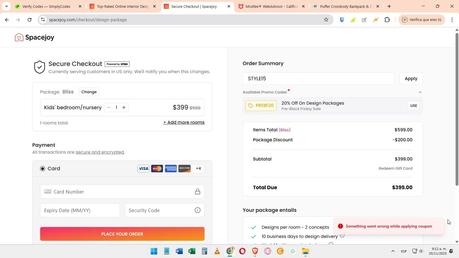 Spacejoy promo code screenshot showing code STYLE15 applied at Spacejoy checkout page. Uploaded by SimplyCodes community member Elimix on Nov 20, 2025