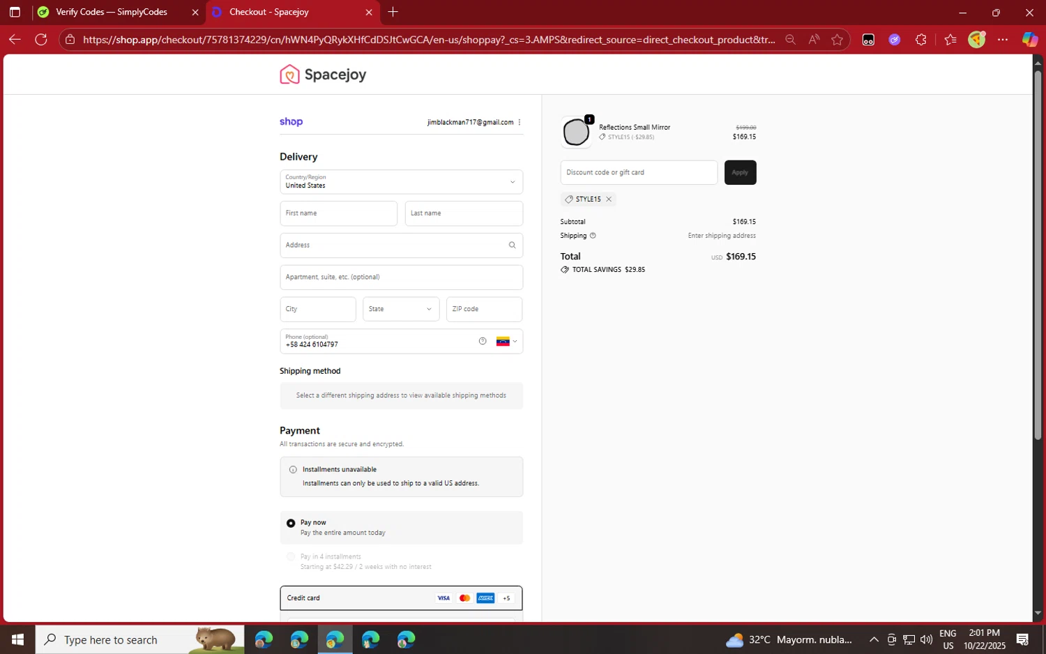 Spacejoy promo code screenshot showing code STYLE15 applied at Spacejoy checkout page. Uploaded by SimplyCodes community member jvllsk2 on Oct 22, 2025