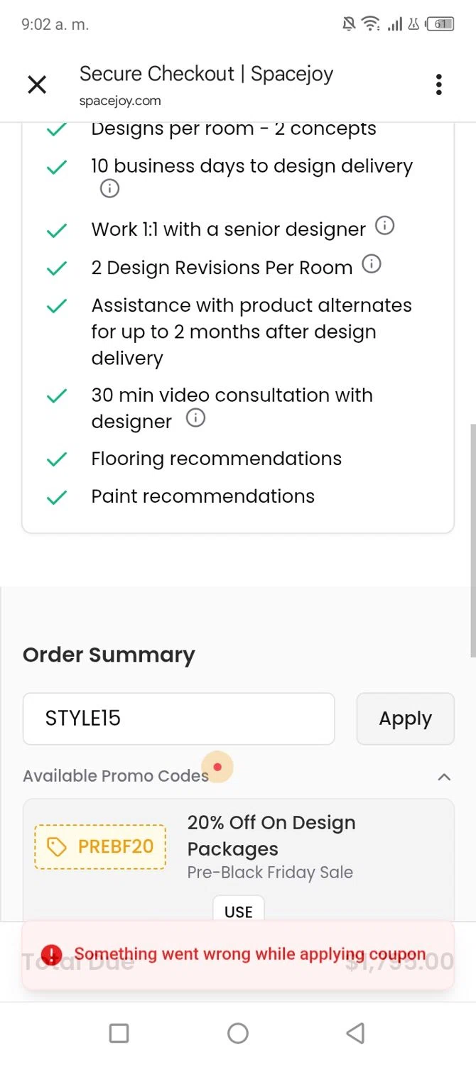Spacejoy promo code screenshot showing code STYLE15 applied at Spacejoy checkout page. Uploaded by SimplyCodes community member tumiedo on Nov 20, 2025