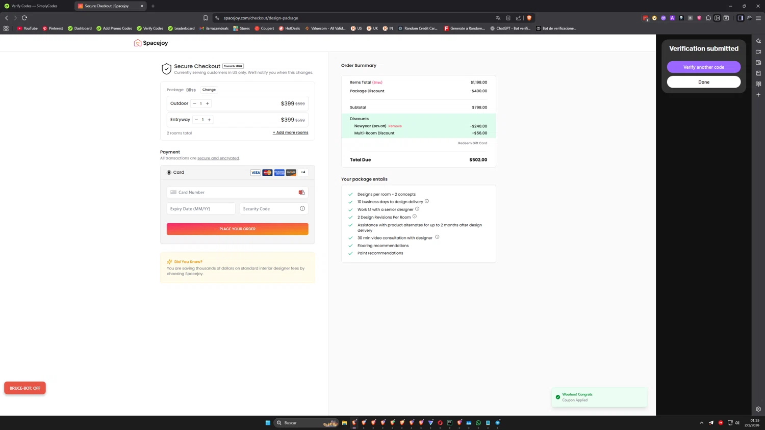 Spacejoy checkout page showing Spacejoy promo code box | Screenshot taken by SimplyCodes community member on Jan 2, 2026