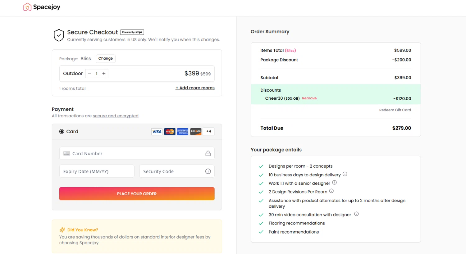 Spacejoy promo code screenshot showing code CHEER30 applied at Spacejoy checkout page. Uploaded by SimplyCodes community member DORIANGEL on Dec 20, 2025