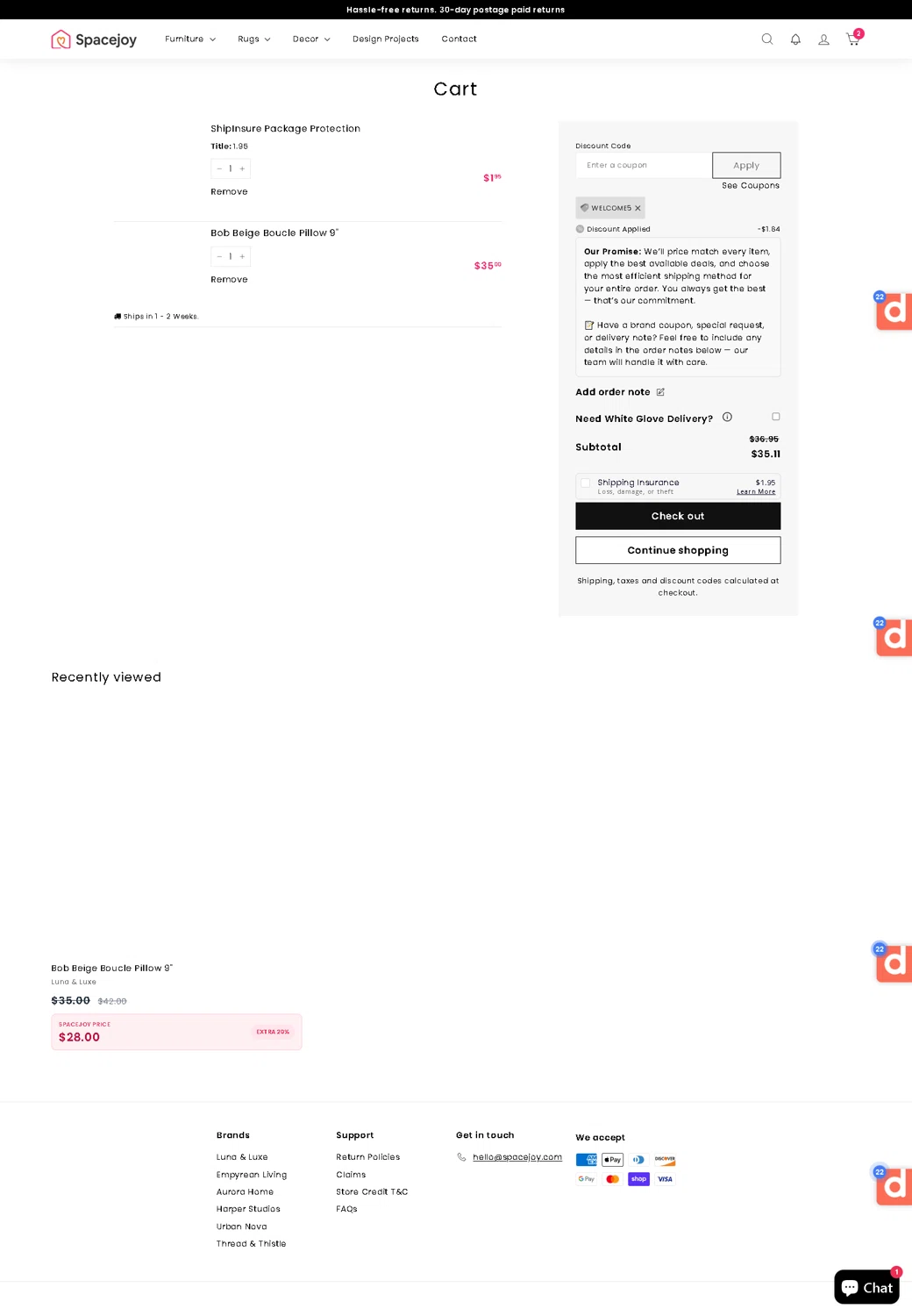 Spacejoy promo code screenshot showing code WELCOME5 applied at Spacejoy checkout page. Uploaded by SimplyCodes community member Serdanvz on Dec 18, 2025