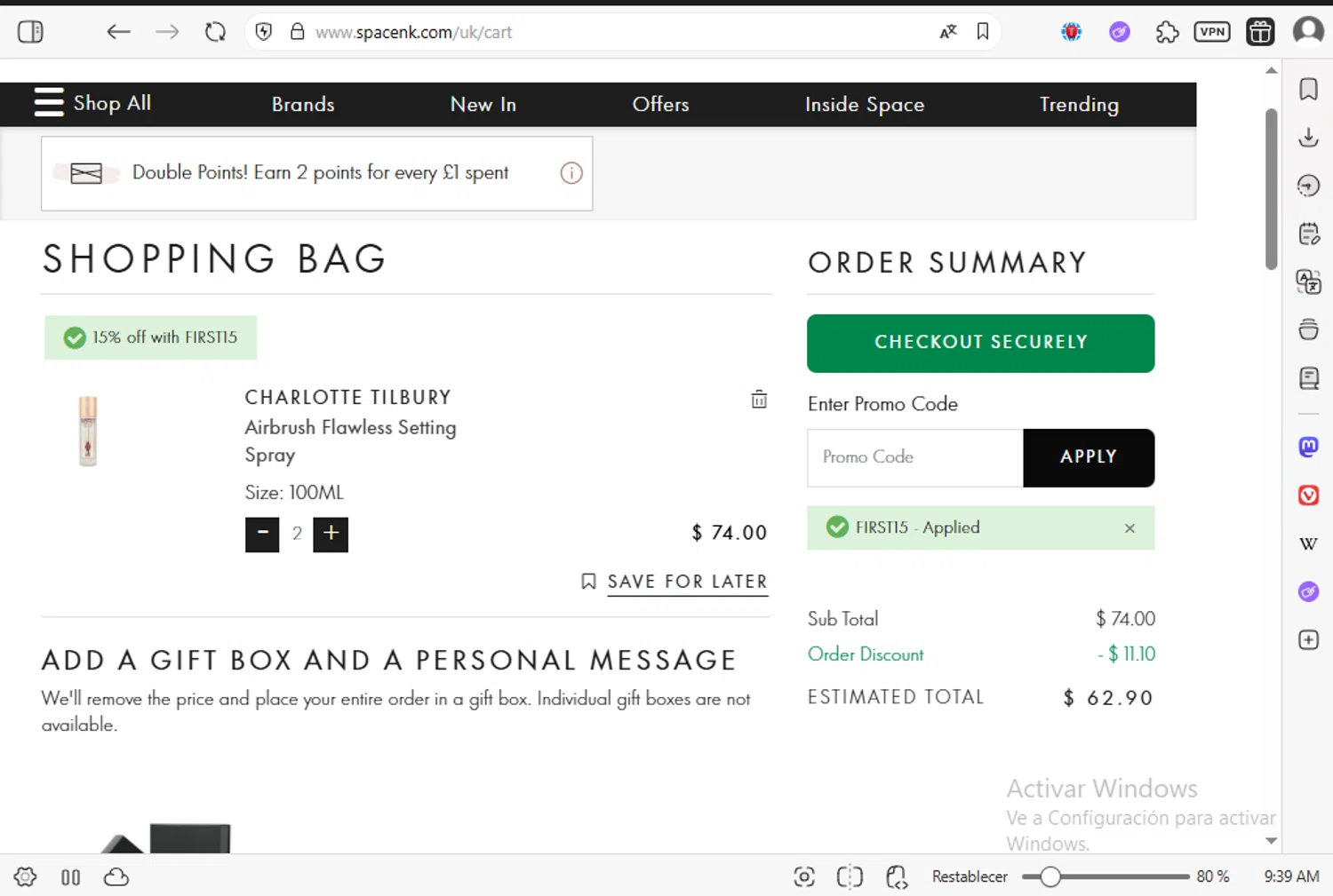 Space NK promo code screenshot showing code FIRST15 applied at Space NK checkout page. Uploaded by SimplyCodes community member luissilva2 on Aug 29, 2025