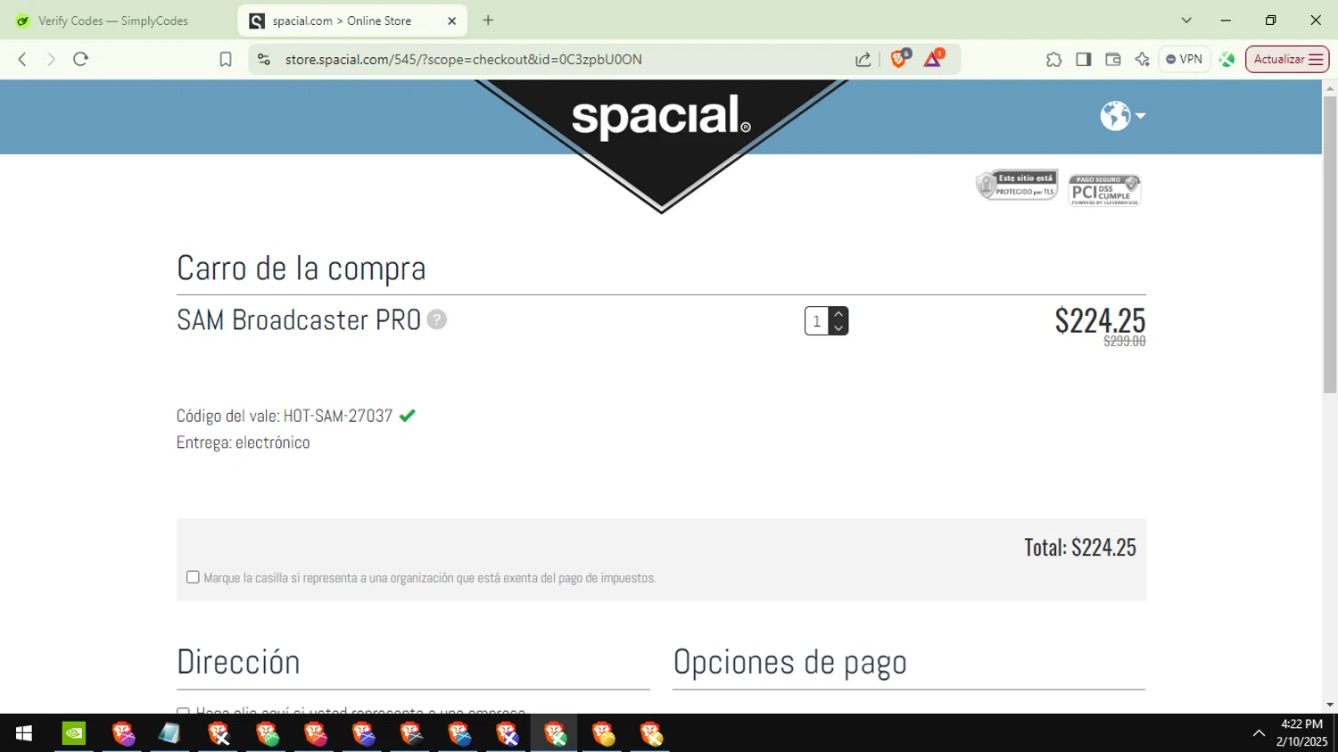 Spacial promo code screenshot showing code HOT-SAM-27037 applied at Spacial checkout page. Uploaded by SimplyCodes community member ShieldLegend9691 on Feb 10, 2025