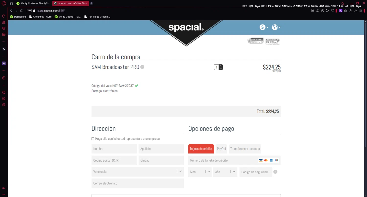 Spacial promo code screenshot showing code HOT-SAM-27037 applied at Spacial checkout page. Uploaded by SimplyCodes community member LuckyAce8014 on Feb 20, 2025