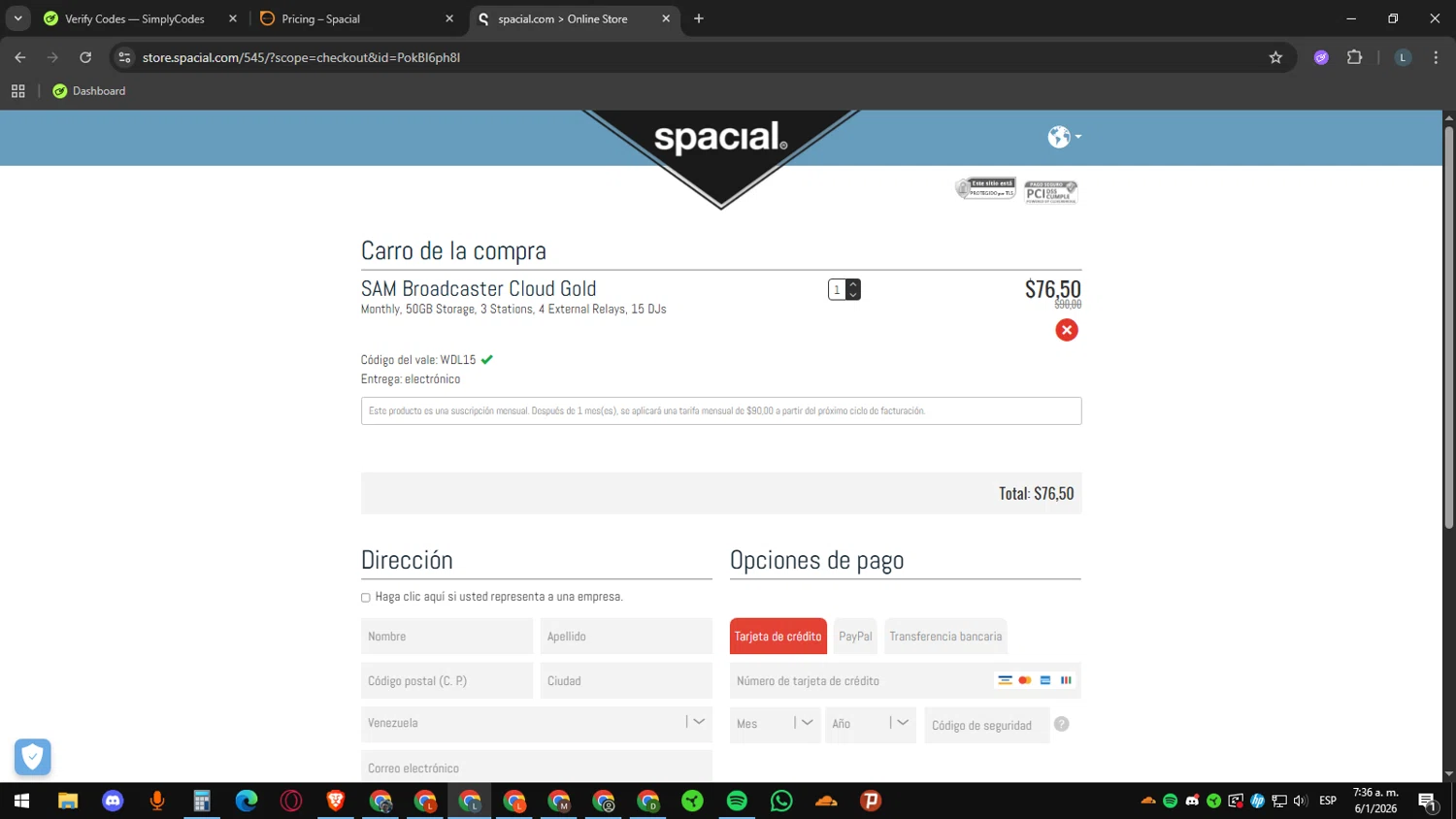 Spacial checkout page showing Spacial promo code box | Screenshot taken by SimplyCodes community member on Jan 6, 2026