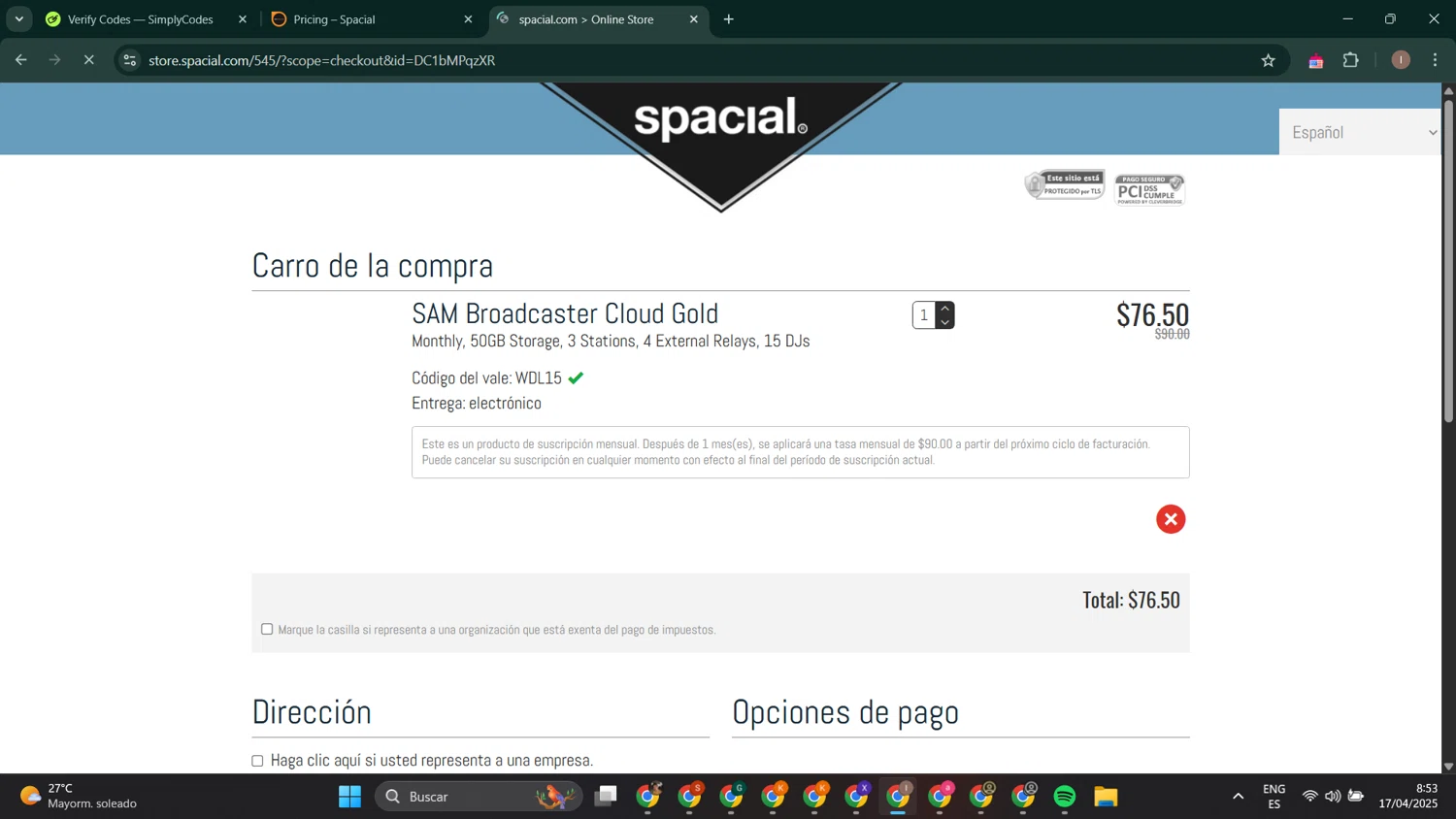 Spacial checkout page showing Spacial promo code box | Screenshot taken by SimplyCodes community member on Apr 17, 2025