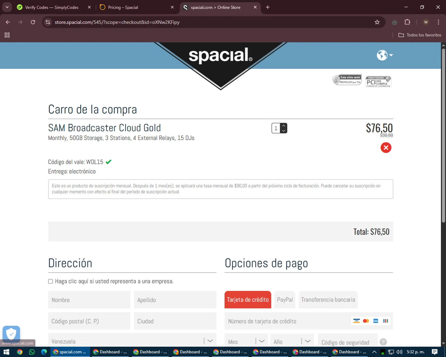 Spacial promo code screenshot showing code WDL15 applied at Spacial checkout page. Uploaded by SimplyCodes community member DealMaestro2101 on May 9, 2025