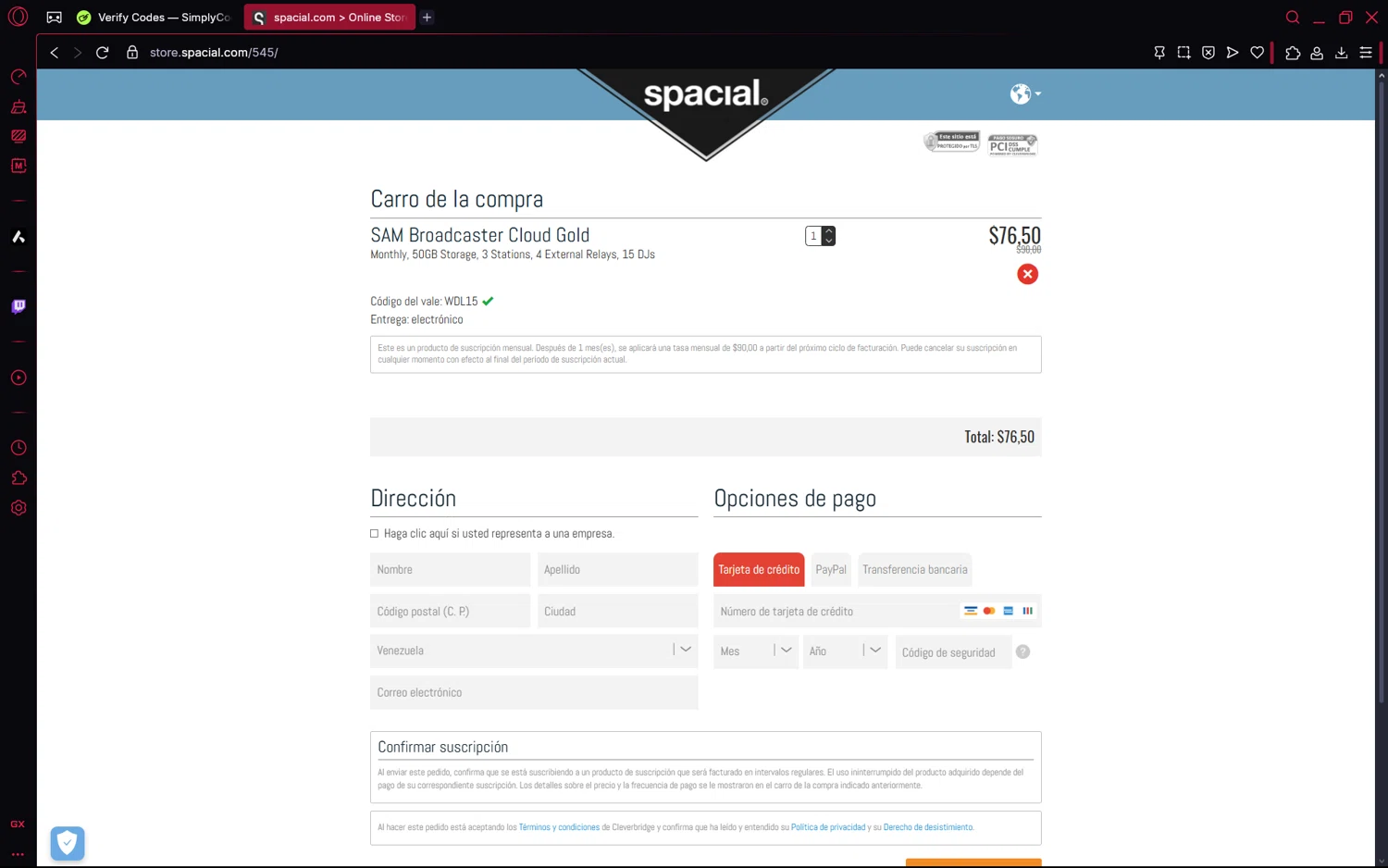 Spacial promo code screenshot showing code WDL15 applied at Spacial checkout page. Uploaded by SimplyCodes community member frijolito on May 16, 2025