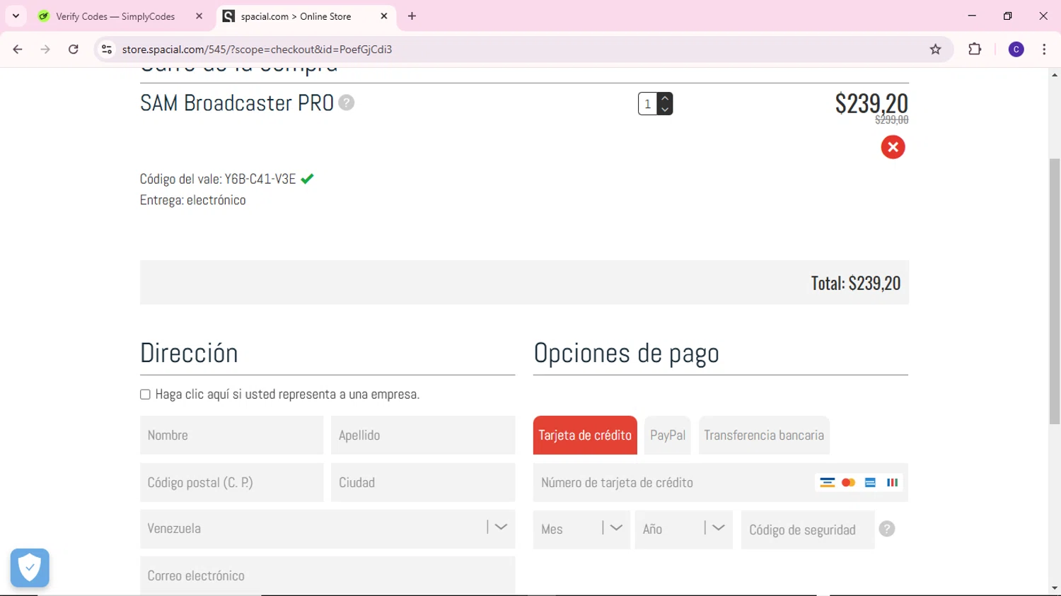 Spacial promo code screenshot showing code Y6B-C41-V3E applied at Spacial checkout page. Uploaded by SimplyCodes community member MoneyWizard2699 on Feb 20, 2025