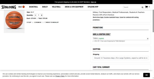 Spalding checkout page showing Spalding promo code box | Screenshot taken by SimplyCodes community member on Jul 8, 2025