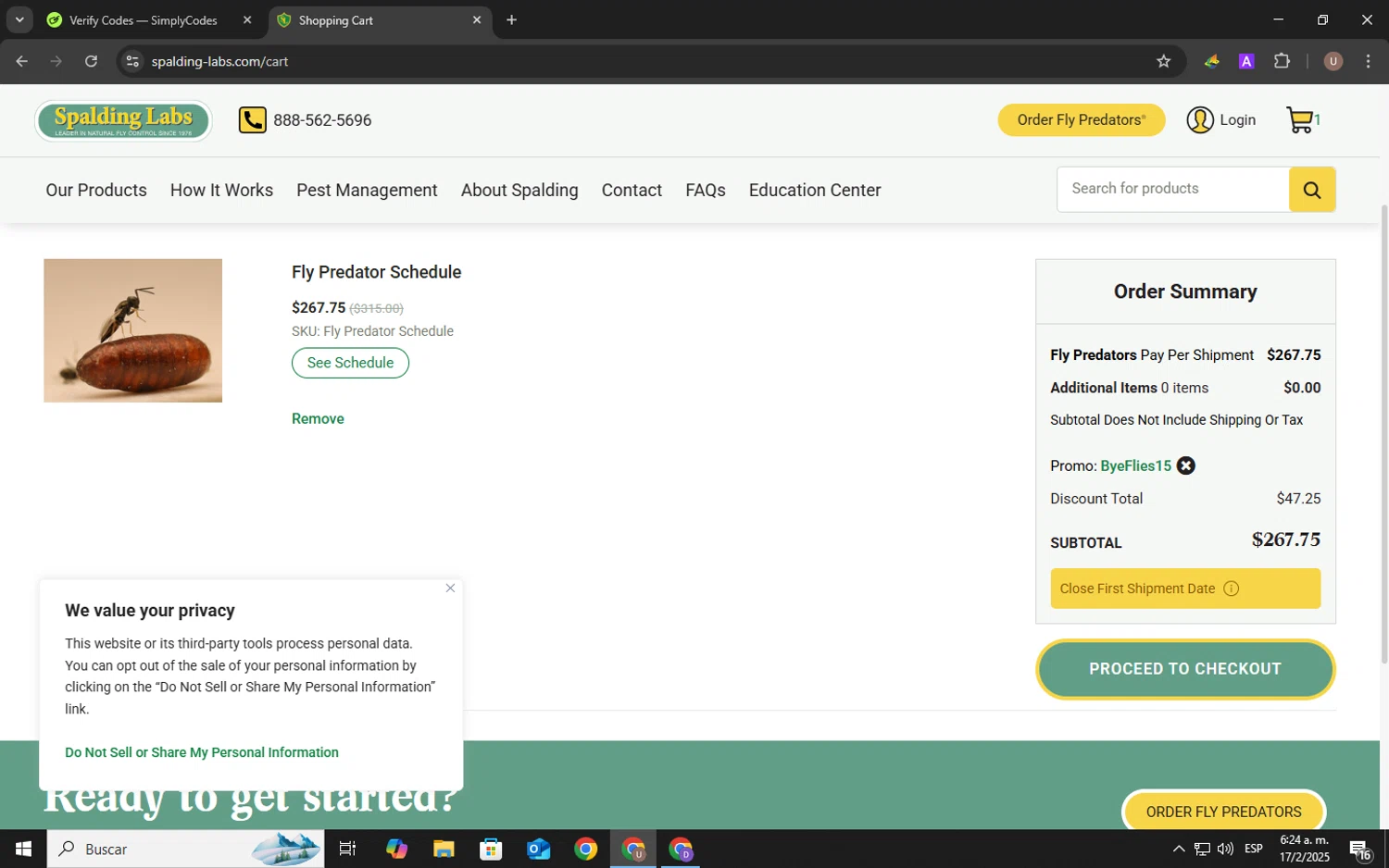 Spalding Labs promo code screenshot showing code BYEFLIES15 applied at Spalding Labs checkout page. Uploaded by SimplyCodes community member Kelvis_Vargas on Feb 17, 2025