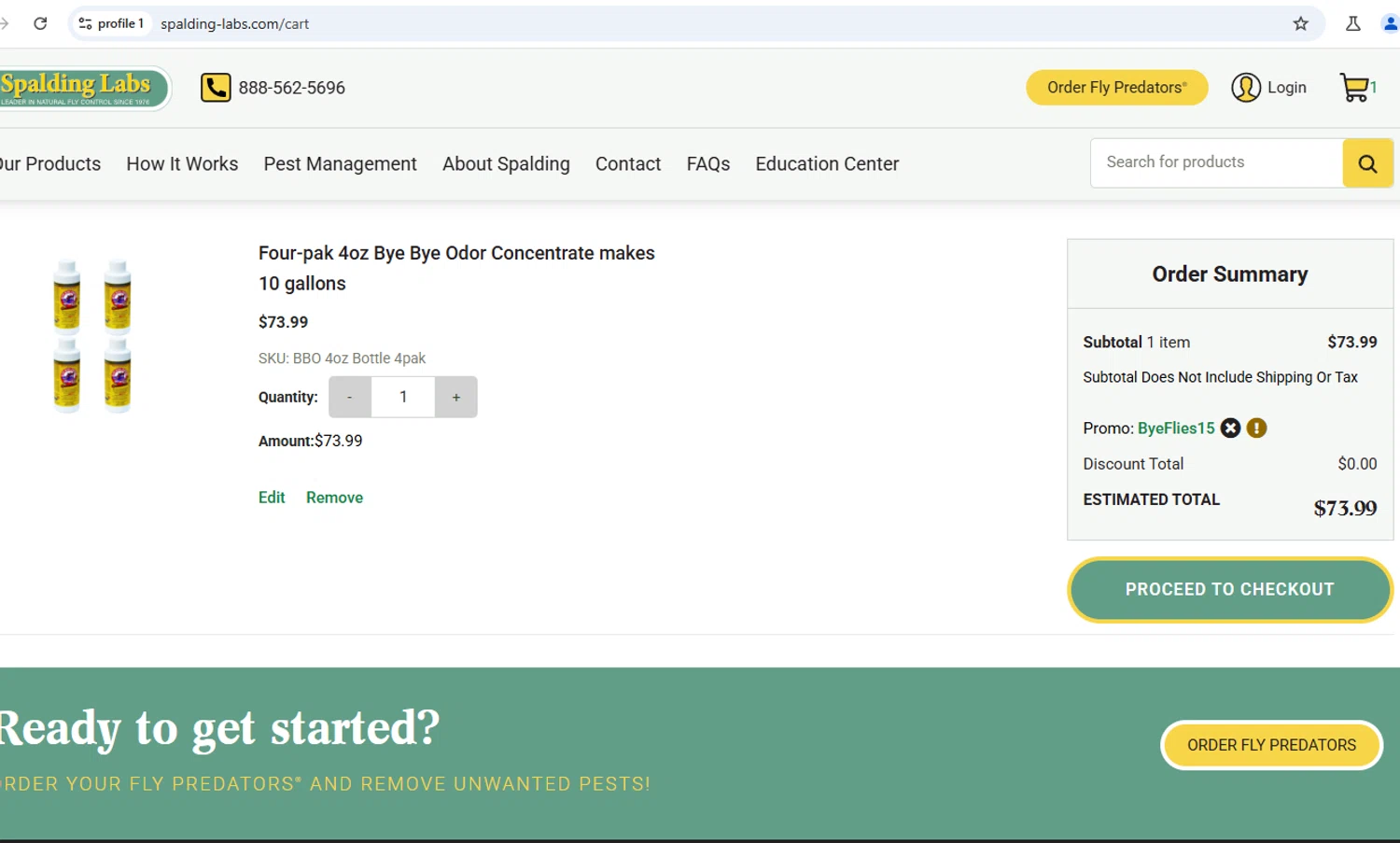 Spalding Labs promo code screenshot showing code BYEFLIES15 applied at Spalding Labs checkout page. Uploaded by SimplyCodes community member VictorYanez on Feb 17, 2025