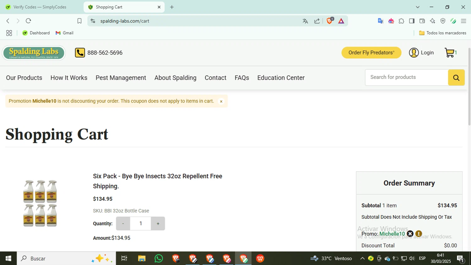 Spalding Labs promo code screenshot showing code MICHELLE10 applied at Spalding Labs checkout page. Uploaded by SimplyCodes community member SilverKnight3628 on Mar 30, 2025