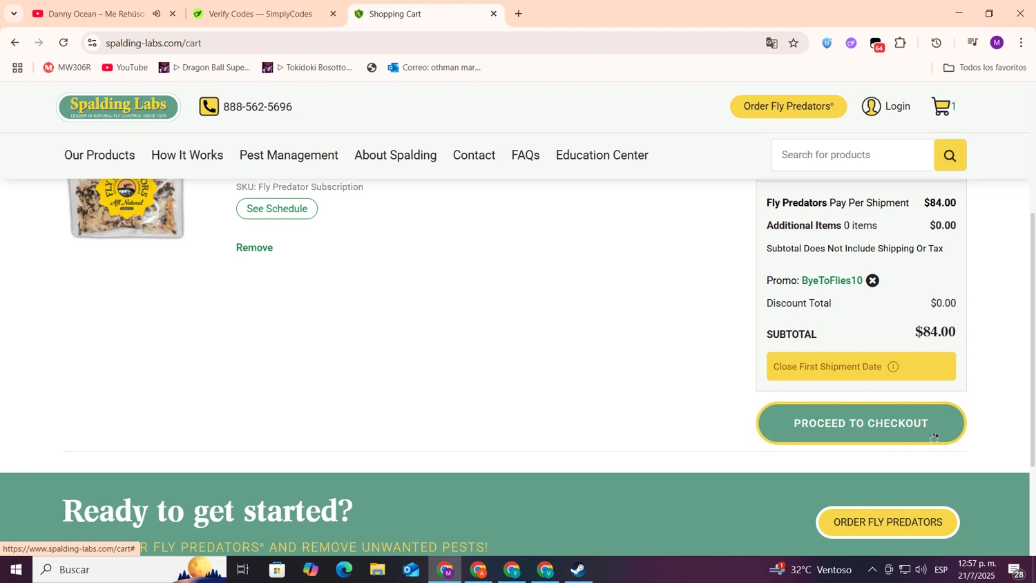 Spalding Labs promo code screenshot showing code BYETOFLIES10 applied at Spalding Labs checkout page. Uploaded by SimplyCodes community member cod_gakpo on Jul 21, 2025