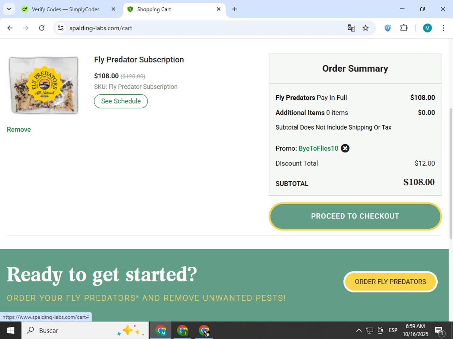 Spalding Labs promo code screenshot showing code BYETOFLIES10 applied at Spalding Labs checkout page. Uploaded by SimplyCodes community member estrellaveloz on Oct 16, 2025