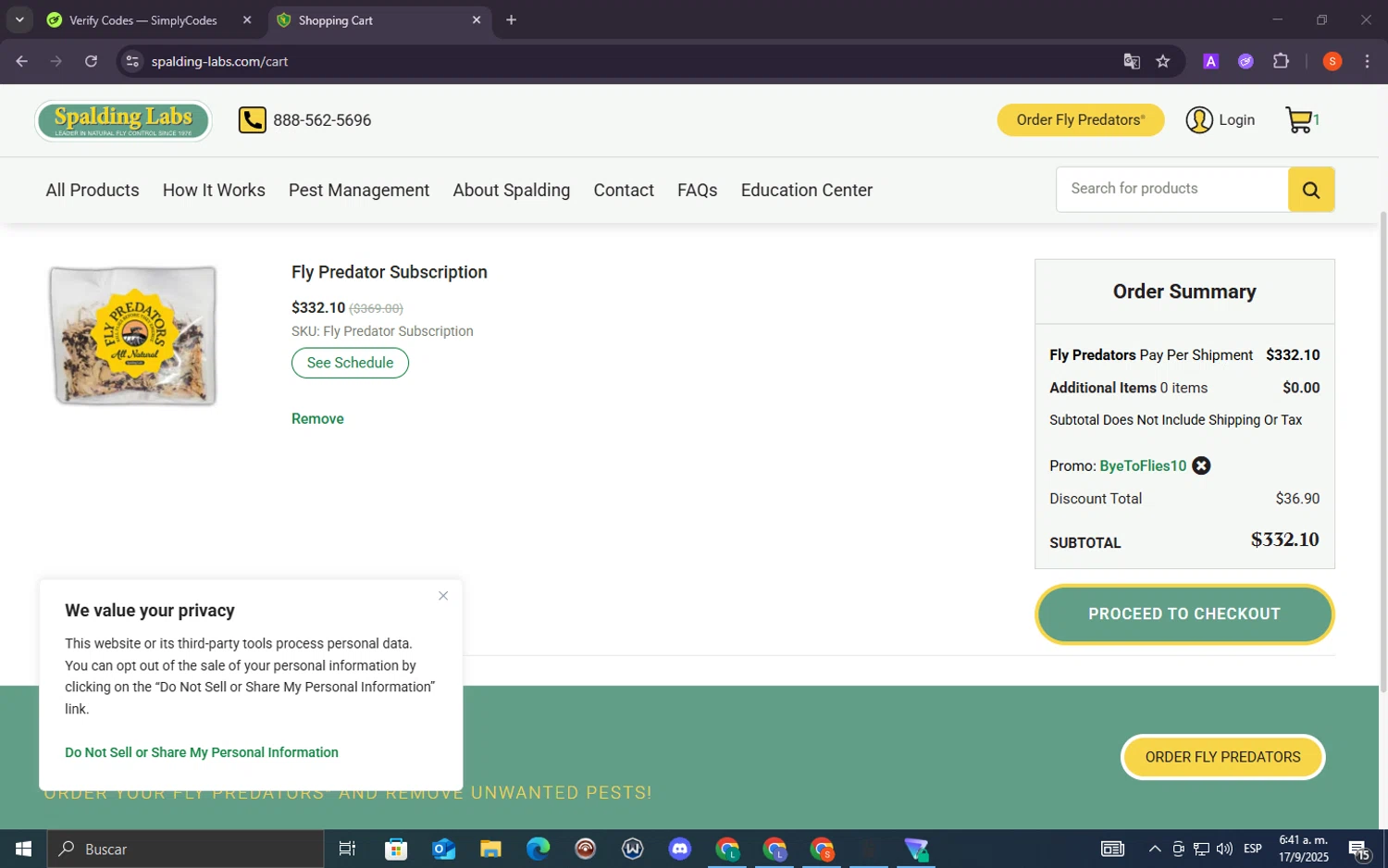 Spalding Labs promo code screenshot showing code BYETOFLIES10 applied at Spalding Labs checkout page. Uploaded by SimplyCodes community member lacrita_pirueta on Sep 17, 2025
