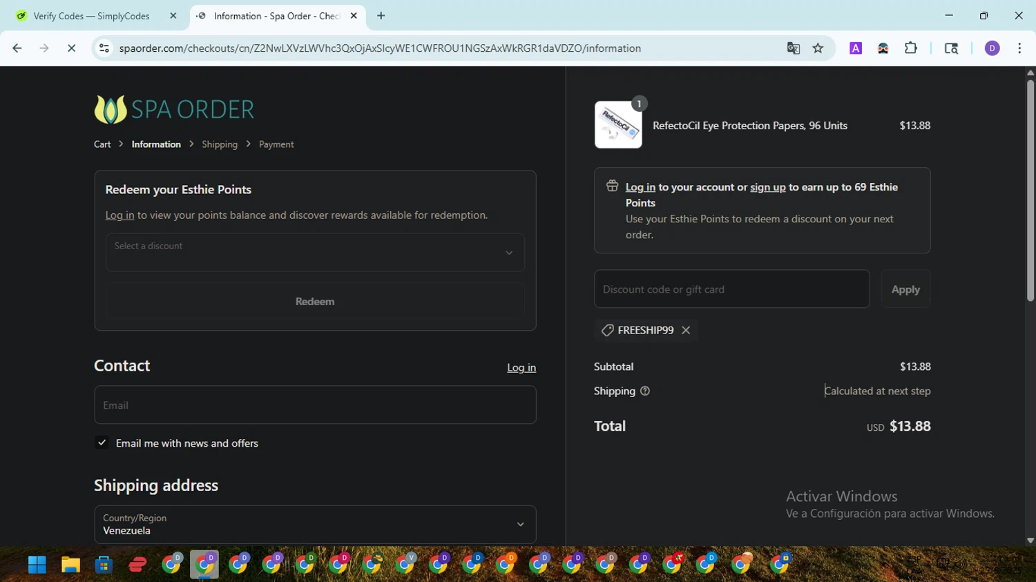 Spa Order discount code screenshot showing code FREESHIP99 applied at Spa Order checkout page. Uploaded by SimplyCodes community member EpicSpotter8045 on May 25, 2025