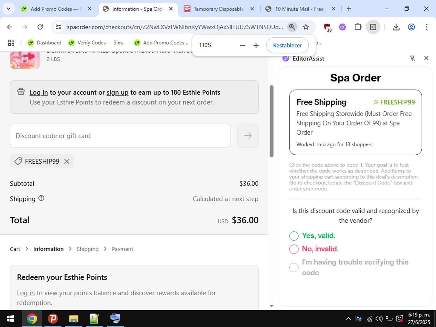 Spa Order discount code screenshot showing code FREESHIP99 applied at Spa Order checkout page. Uploaded by SimplyCodes community member LegendaryChaser5687 on Jun 27, 2025