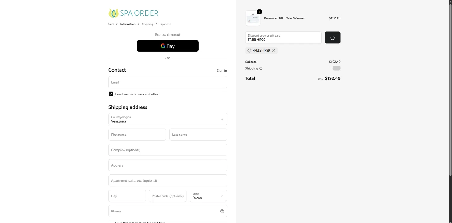 Spa Order discount code screenshot showing code FREESHIP99 applied at Spa Order checkout page. Uploaded by SimplyCodes community member MagnificentTitan8616 on Dec 23, 2025