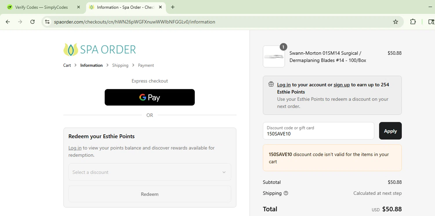 Spa Order discount code screenshot showing code 150SAVE10 applied at Spa Order checkout page. Uploaded by SimplyCodes community member CoinSage1043 on Aug 22, 2025