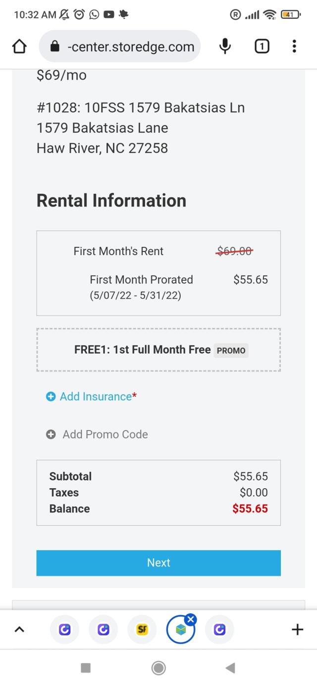 SpareFoot checkout page showing SpareFoot coupon code box | Screenshot taken by SimplyCodes community member on May 7, 2022