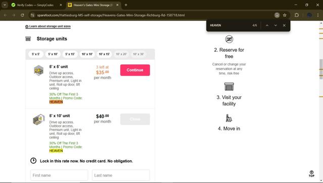 SpareFoot checkout page showing SpareFoot coupon code box | Screenshot taken by SimplyCodes community member on Feb 20, 2025