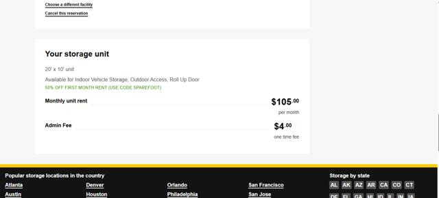 SpareFoot checkout page showing SpareFoot coupon code box | Screenshot taken by SimplyCodes community member on Apr 22, 2025