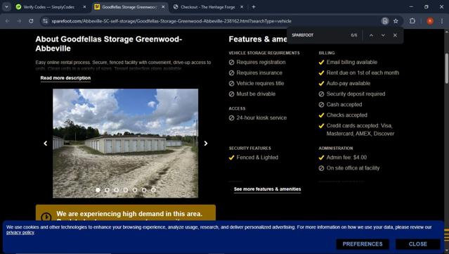 SpareFoot checkout page showing SpareFoot coupon code box | Screenshot taken by SimplyCodes community member on Mar 15, 2025