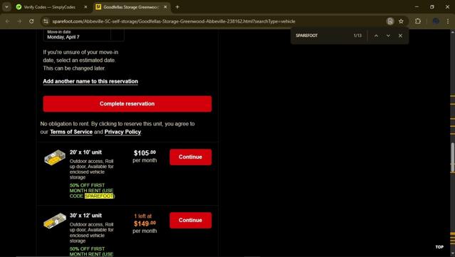 SpareFoot checkout page showing SpareFoot coupon code box | Screenshot taken by SimplyCodes community member on Mar 31, 2025
