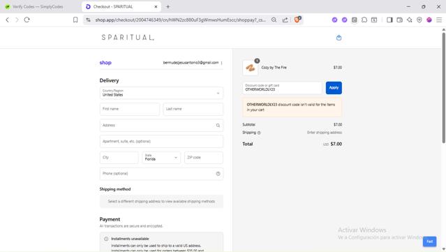 Sparitual checkout page showing Sparitual promo code box | Screenshot taken by SimplyCodes community member on Sep 15, 2025