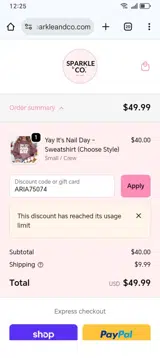 ARIA75074 coupon verification screenshot