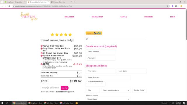 Sparkle Hustle Grow checkout page showing Sparkle Hustle Grow coupon code box | Screenshot taken by SimplyCodes community member on May 28, 2025