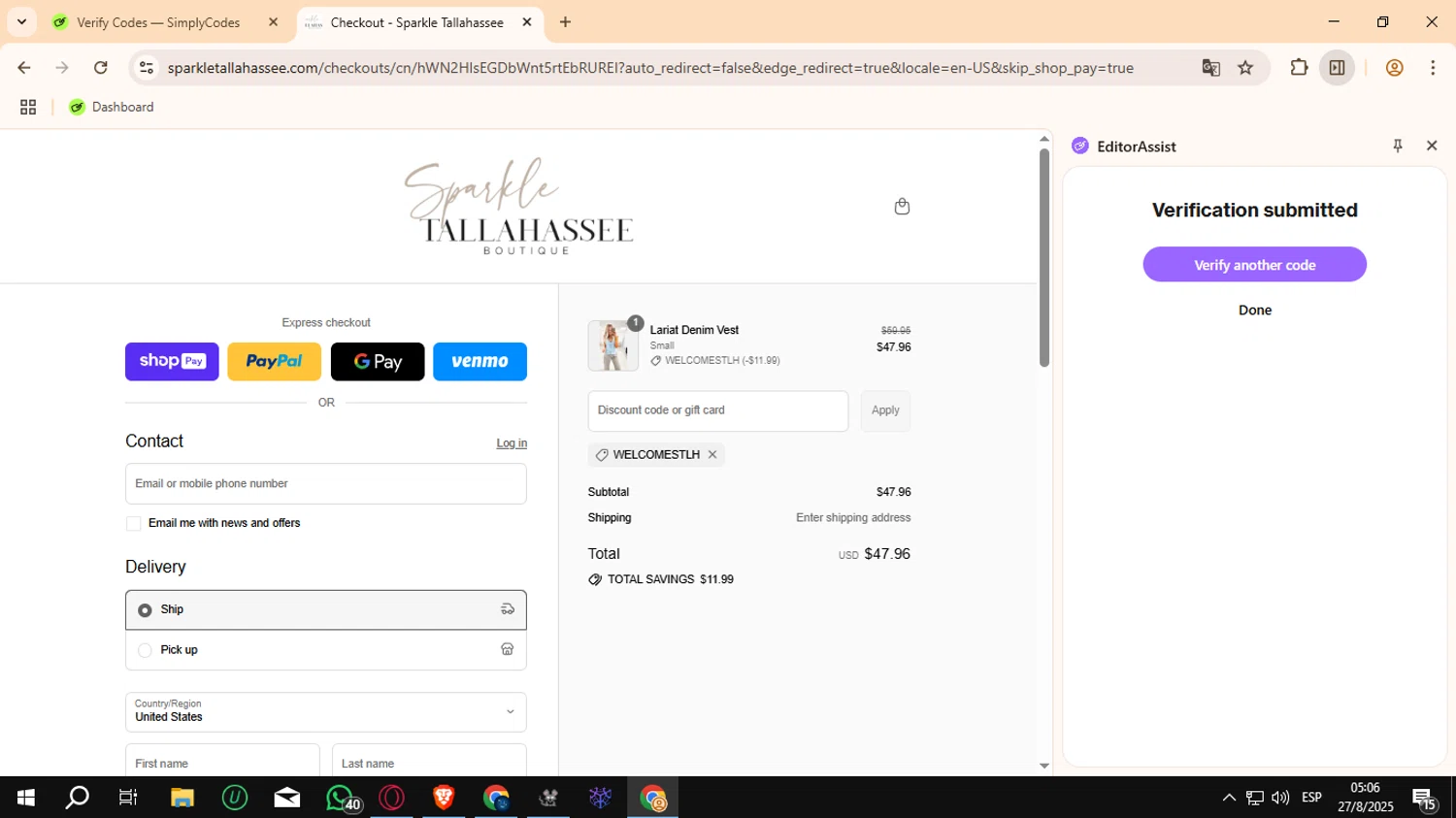 Sparkle Tallahassee promo code screenshot showing code WELCOMESTLH applied at Sparkle Tallahassee checkout page. Uploaded by SimplyCodes community member Crchirino1 on Aug 27, 2025