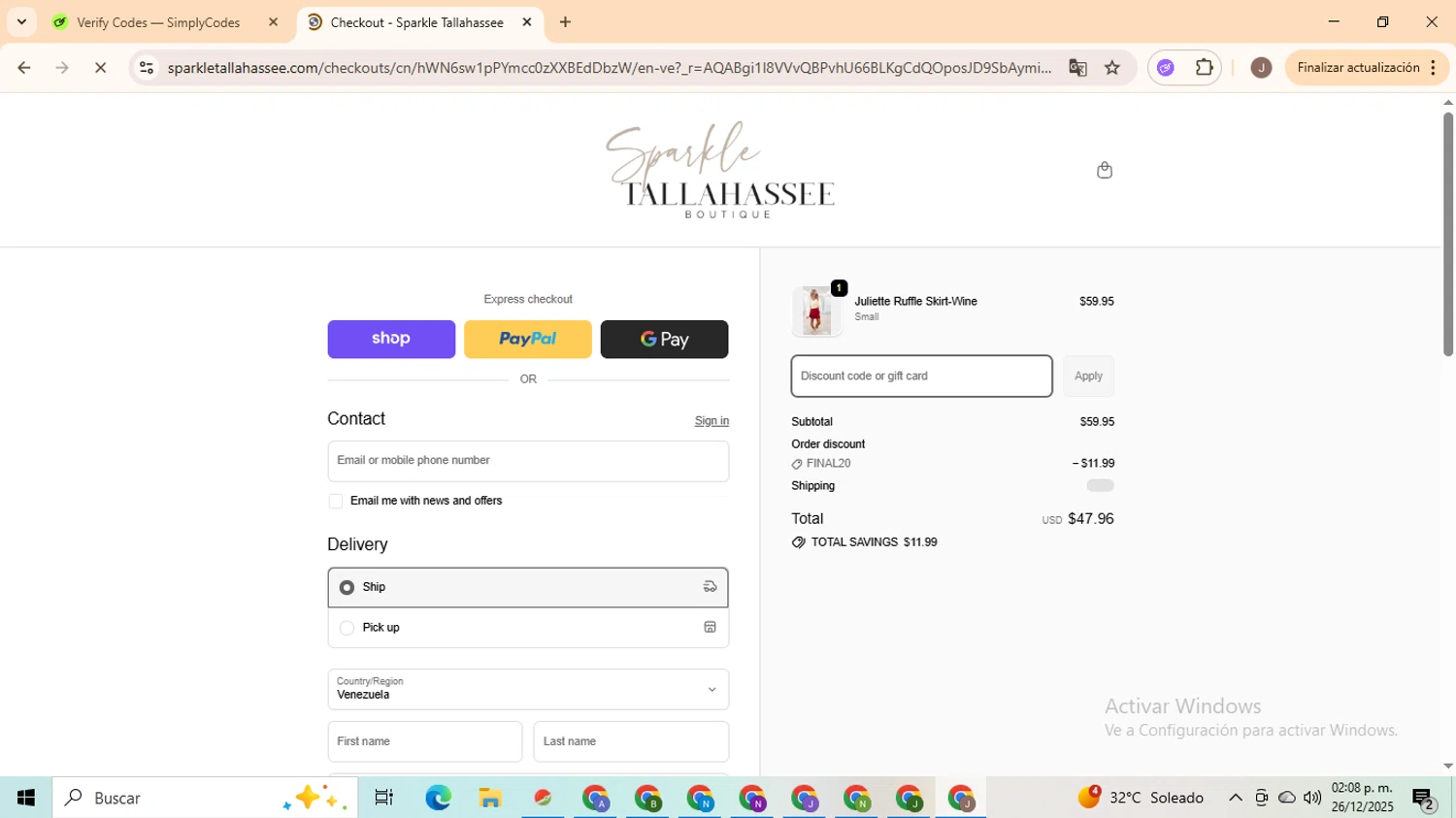 Sparkle Tallahassee promo code screenshot showing code FINAL20 applied at Sparkle Tallahassee checkout page. Uploaded by SimplyCodes community member ValiantHero2365 on Dec 26, 2025