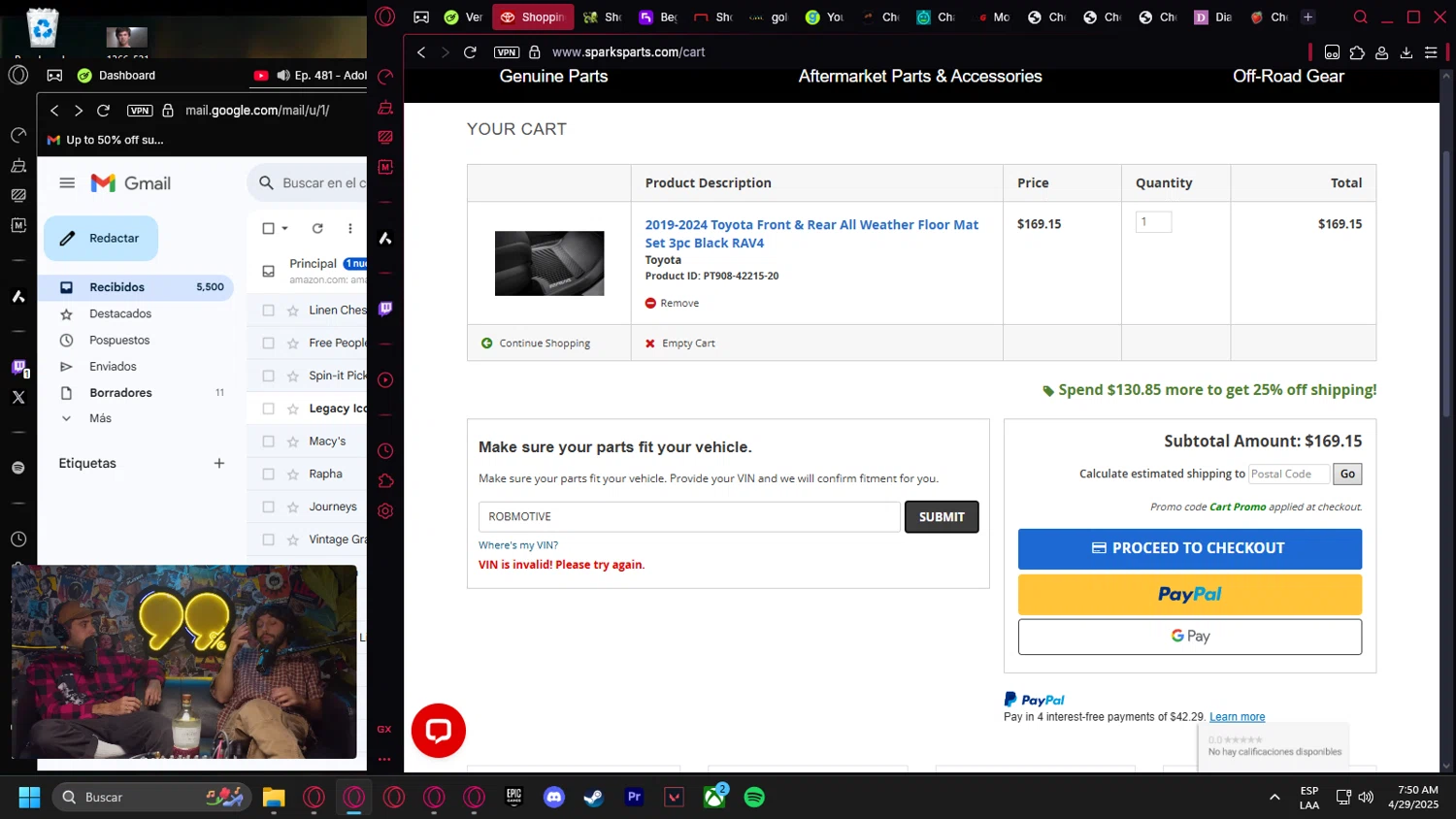 Sparks Parts promo code screenshot showing code ROBMOTIVE applied at Sparks Parts checkout page. Uploaded by SimplyCodes community member leonardocamacho2 on Apr 29, 2025