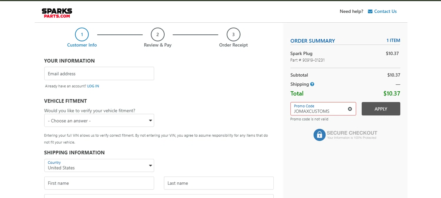 Sparks Parts promo code screenshot showing code JOMAXCUSTOMS applied at Sparks Parts checkout page. Uploaded by SimplyCodes community member VoucherOwl4844 on Nov 2, 2025