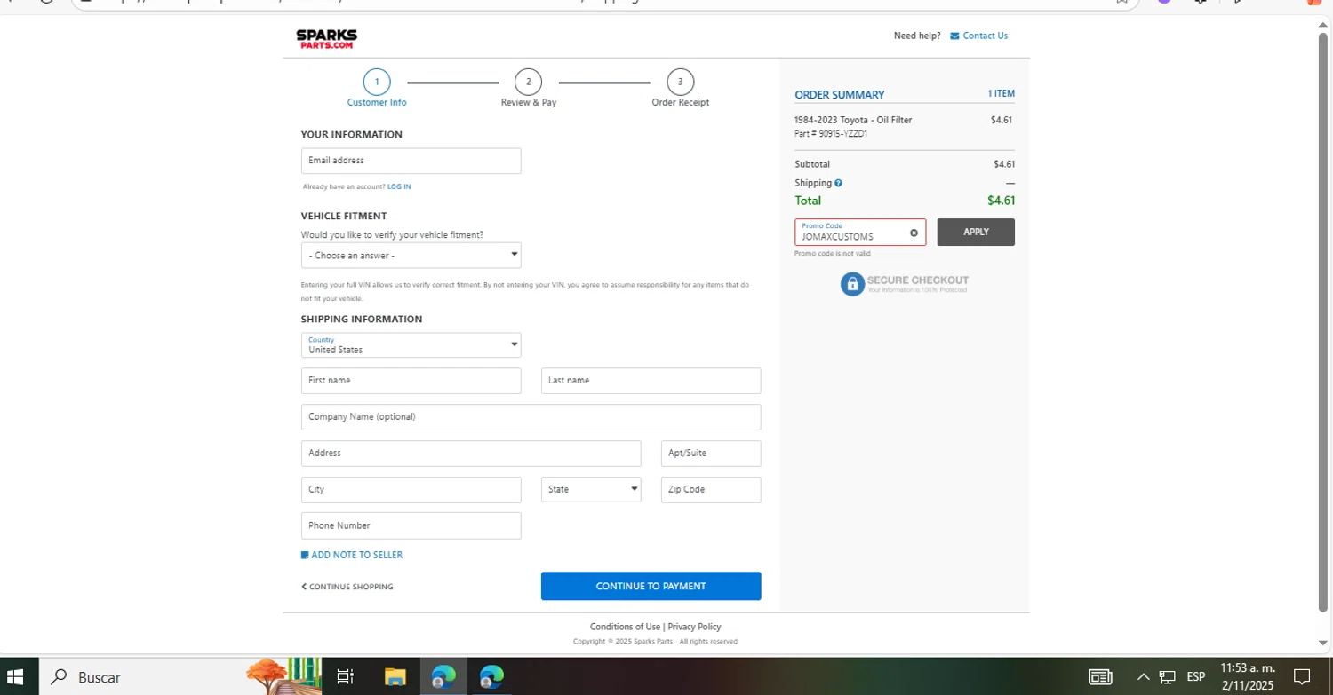 Sparks Parts promo code screenshot showing code JOMAXCUSTOMS applied at Sparks Parts checkout page. Uploaded by SimplyCodes community member fhddfhfdhwert on Nov 2, 2025