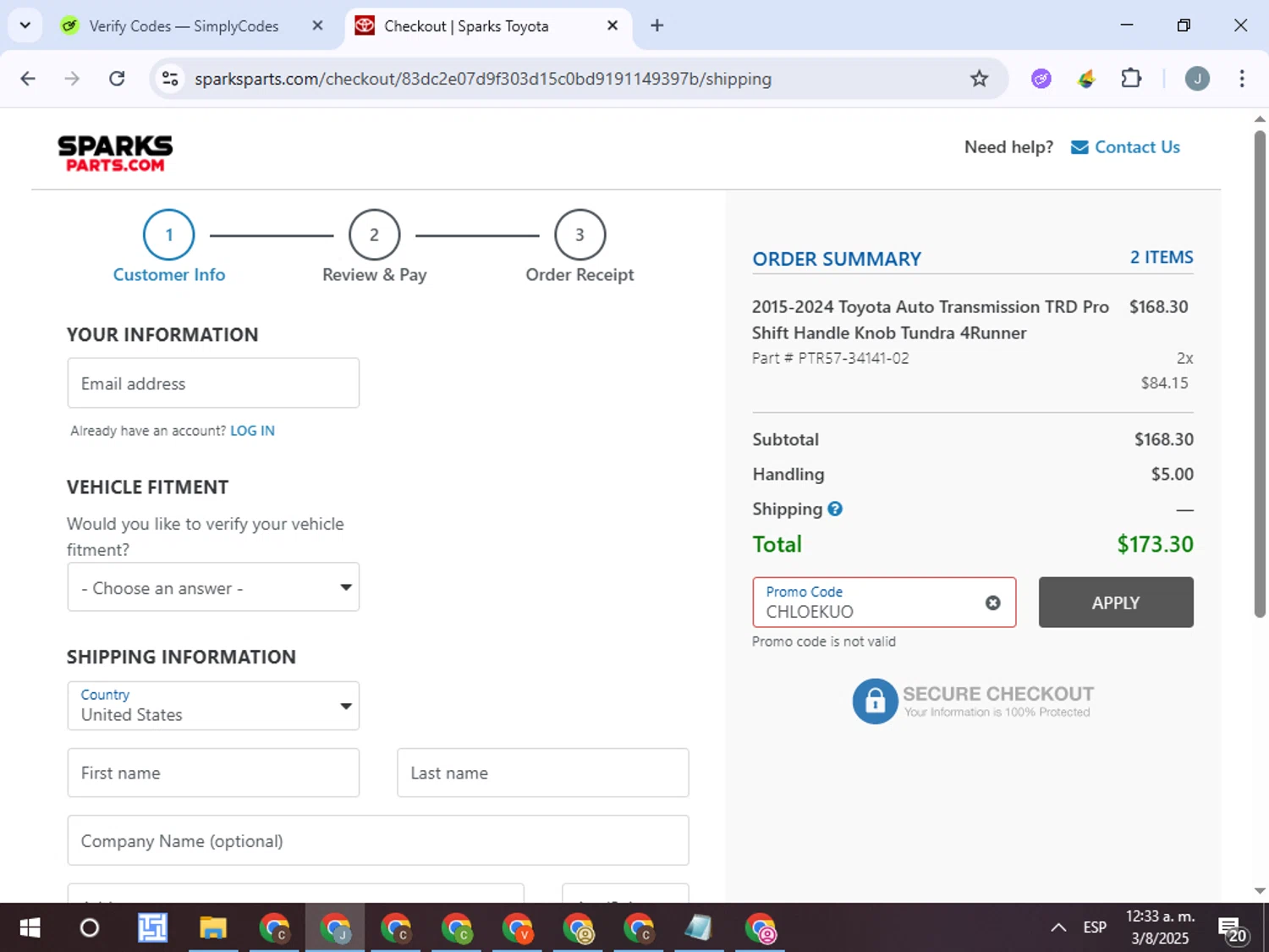 Sparks Parts promo code screenshot showing code chloekuo applied at Sparks Parts checkout page. Uploaded by SimplyCodes community member ValueTracker8384 on Aug 3, 2025