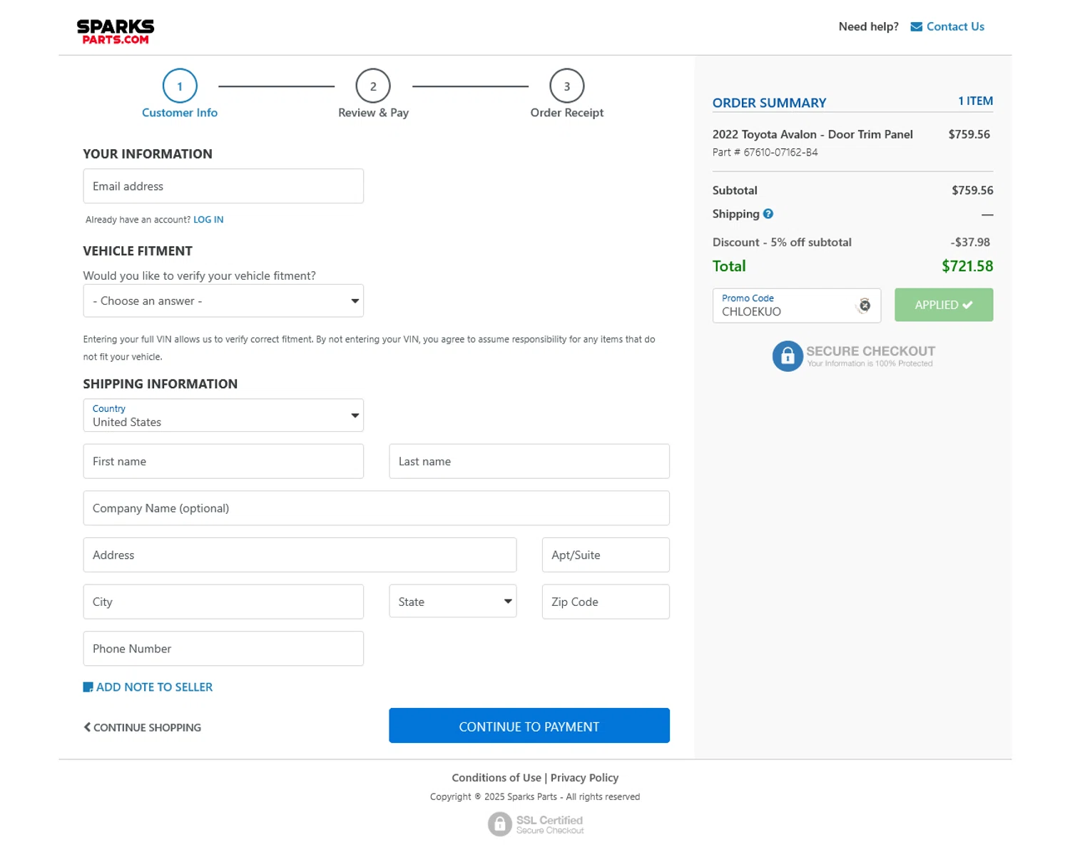Sparks Parts promo code screenshot showing code chloekuo applied at Sparks Parts checkout page. Uploaded by SimplyCodes community member WladimirV on Dec 25, 2025