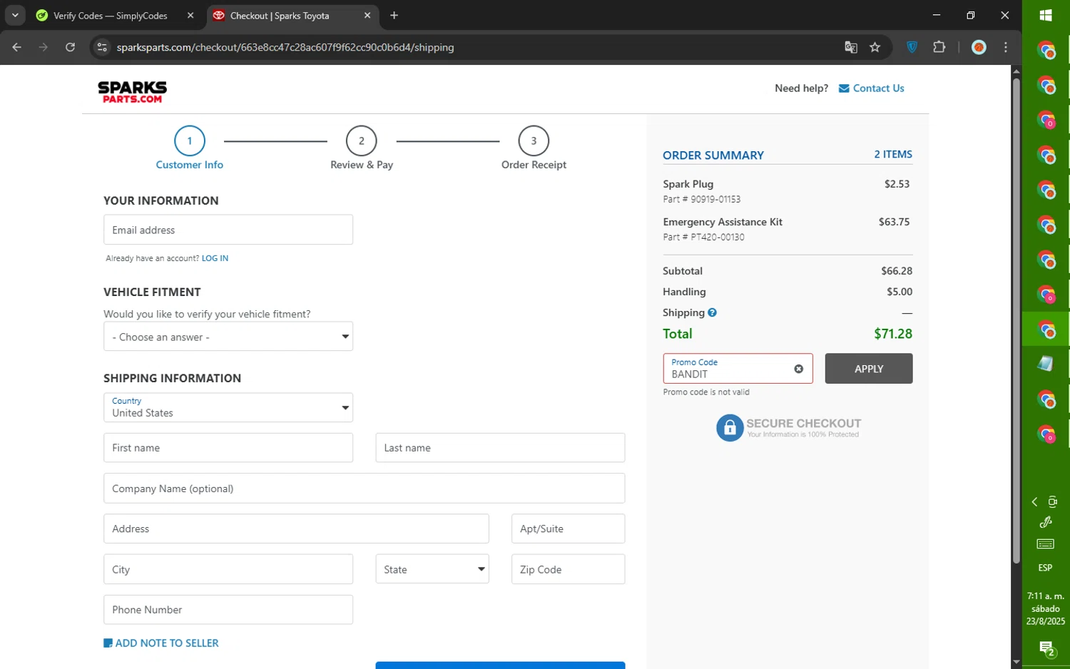 Sparks Parts promo code screenshot showing code BANDIT applied at Sparks Parts checkout page. Uploaded by SimplyCodes community member SalePhoenix823 on Aug 23, 2025