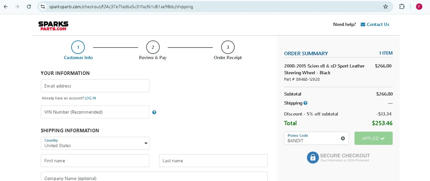 Sparks Parts promo code screenshot showing code BANDIT applied at Sparks Parts checkout page. Uploaded by SimplyCodes community member TokenMonarch796 on Jan 4, 2025
