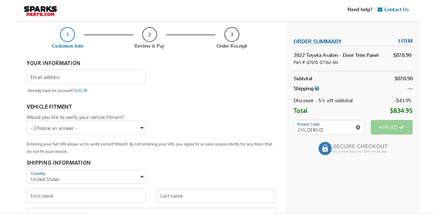Sparks Parts promo code screenshot showing code ChloeKuo applied at Sparks Parts checkout page. Uploaded by SimplyCodes community member shark12 on Nov 8, 2025
