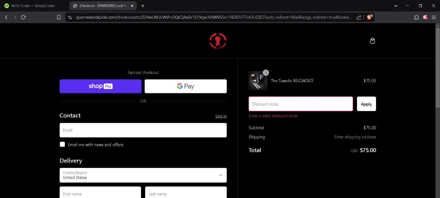 Sparrows Lock Picks discount code screenshot showing code SAVE25 applied at Sparrows Lock Picks checkout page. Uploaded by SimplyCodes community member JosephStevens774 on Feb 17, 2025