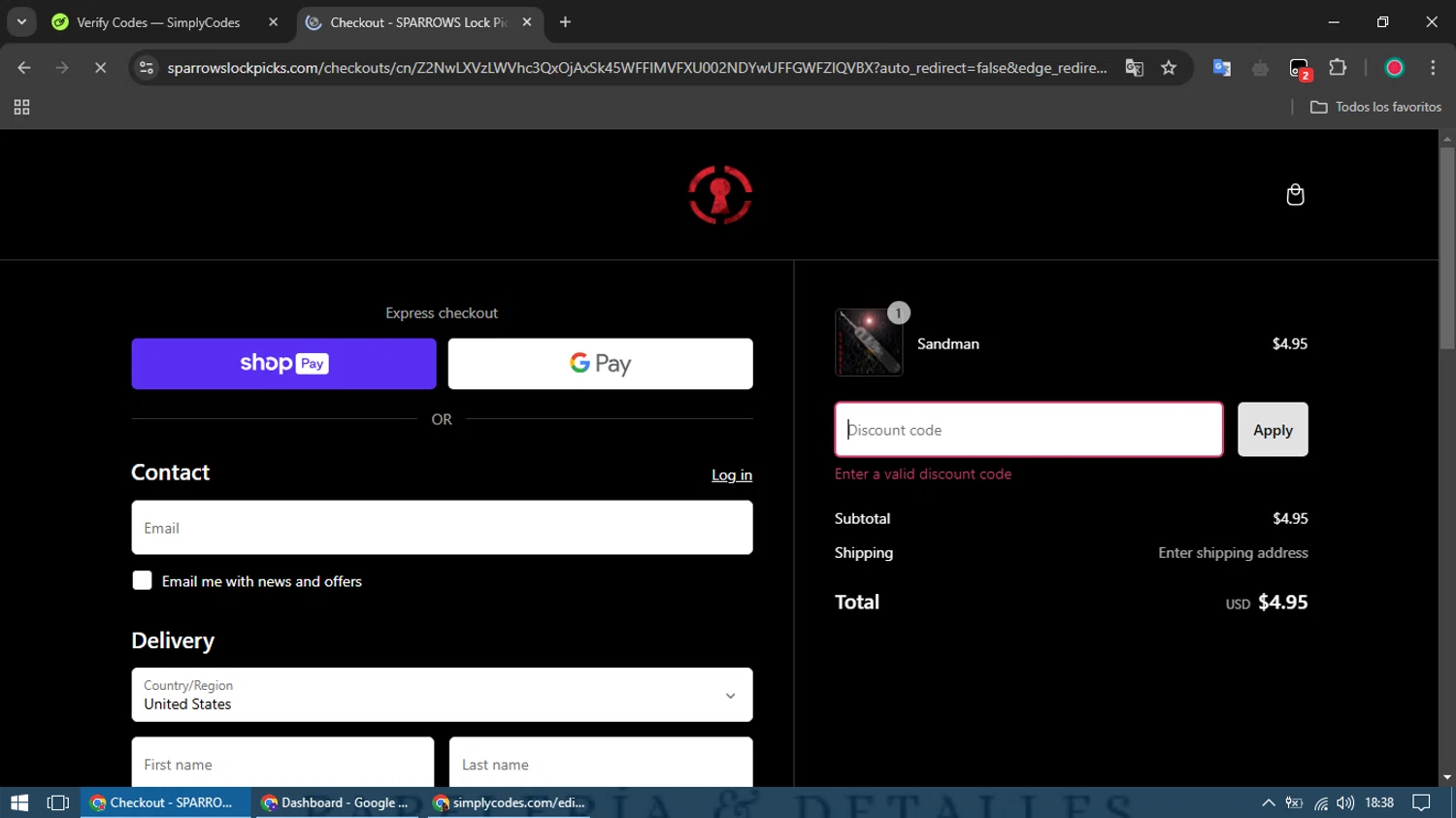 Sparrows Lock Picks discount code screenshot showing code SparrowsBFDeal applied at Sparrows Lock Picks checkout page. Uploaded by SimplyCodes community member bombom on Mar 1, 2025