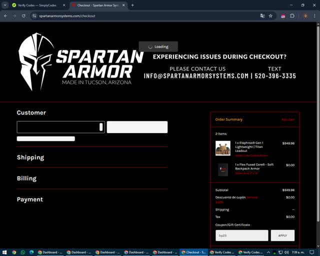 Spartan Armor Systems checkout page showing Spartan Armor Systems coupon code box | Screenshot taken by SimplyCodes community member on May 25, 2025