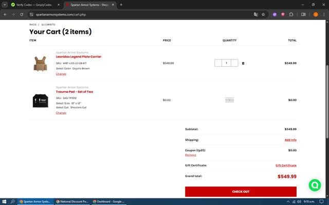 Spartan Armor Systems checkout page showing Spartan Armor Systems coupon code box | Screenshot taken by SimplyCodes community member on Jul 25, 2025