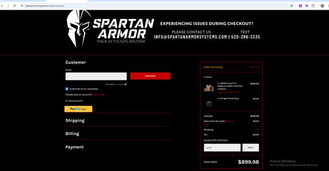 Spartan Armor Systems checkout page showing Spartan Armor Systems coupon code box | Screenshot taken by SimplyCodes community member on Jul 2, 2025