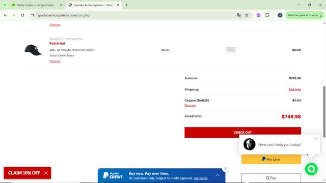 Spartan Armor Systems checkout page showing Spartan Armor Systems coupon code box | Screenshot taken by SimplyCodes community member on Jun 12, 2025