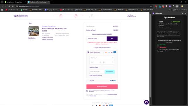 SpaSeekers checkout page showing SpaSeekers promo code box | Screenshot taken by SimplyCodes community member on Aug 20, 2025